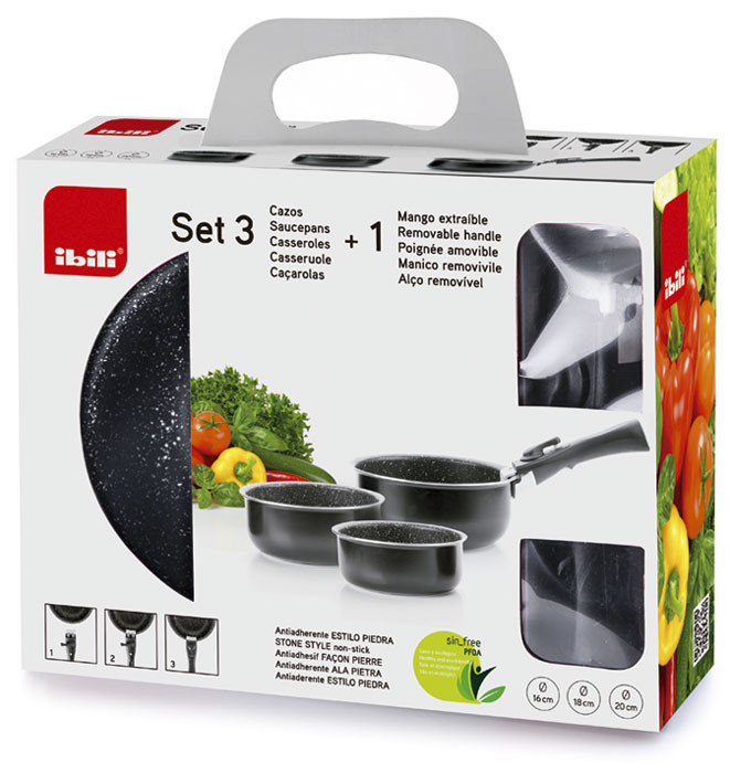 Set de 3 cazos + mango extraíble EQUIPA de Ibili