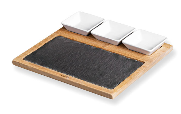 Tabla de pizarra y bambú con cuencos de Lacor