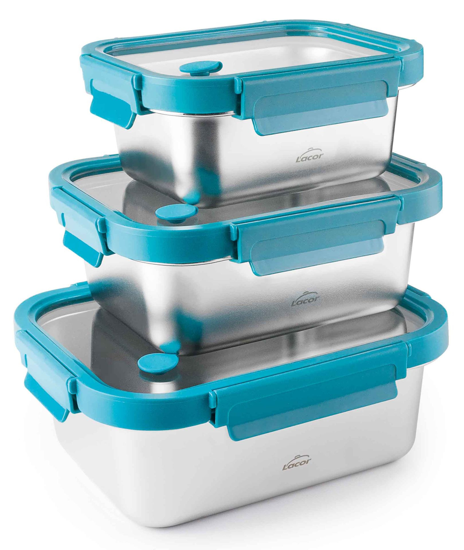 Set tres recipientes ETERN acero 18/10 y tapa de cristal de Lacor